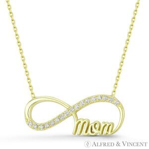 Infinity Charm CZ Crystal Pave & Cursive "Mom" Pendant in .925 Sterling Silver